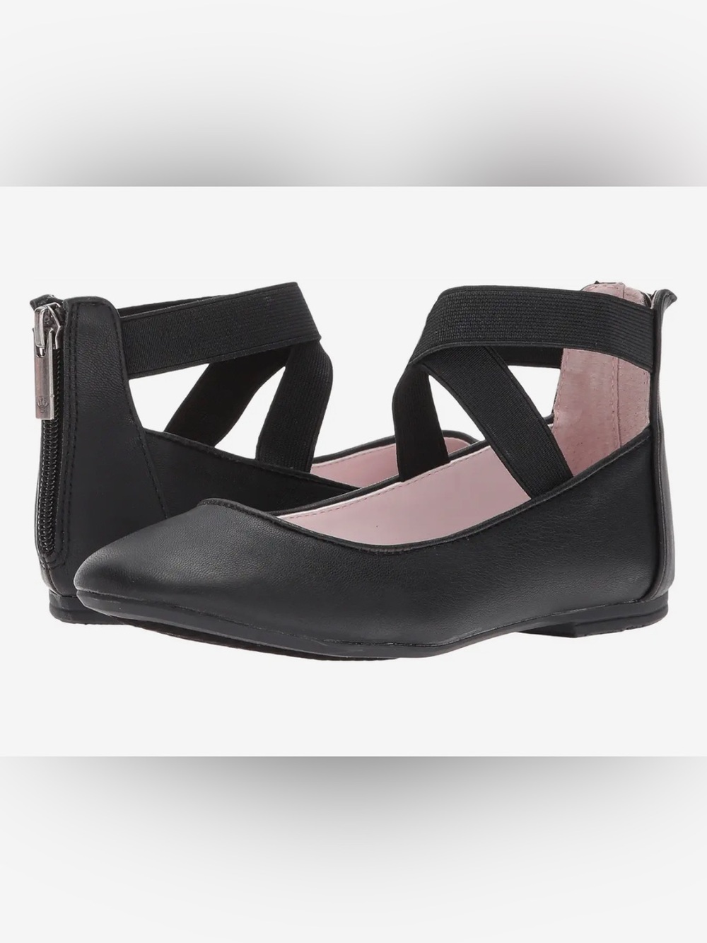 Nina Black Flats with Crisscross Elastic Straps and Pink Lining